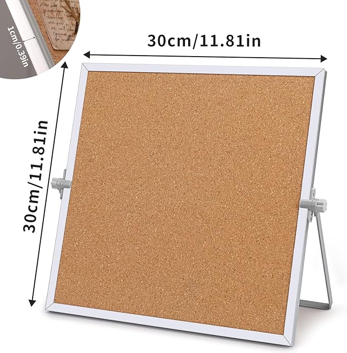 11.81"×11.81" Cork Board Bulletin Board, Double Sided Pin Board with Silver Aluminum Border, Desktop Small Cork Board with Stand Suitable for Home, Office, Desk Message Board or Picture Board