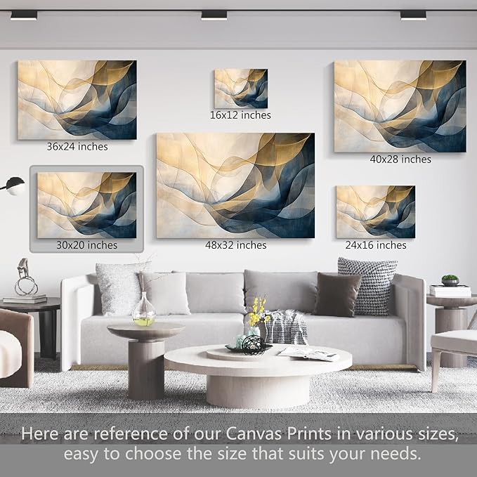 gaosoul Blue Gold Abstract Canvas Wall Art Original Oil Painting Giclee Print of Dynamic Curves Light Blue Champagne Tones with Textured Brushstrokes for Home Office Decor Framed 30x20in