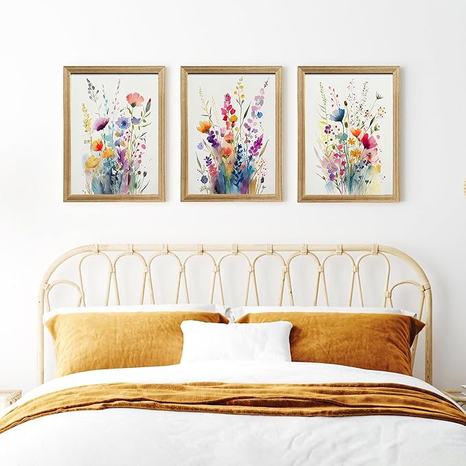 Watercolor Wildflower Wall Art Set Of 3, Colorful Floral Bouquet Wall Decor For Living Room Bedroom Kitchen, Art Prints With Wooden Frame 12x16 Inches Wood Framed Easy To Hang
