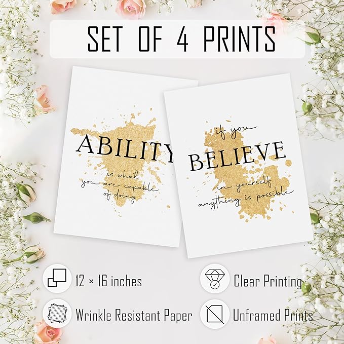 HRQKO Gold Inspirational Wall Art Set of 4, Motivational Prints, Modern Gold Artwork, Affirmations for Office Women 12'x16' Unframed