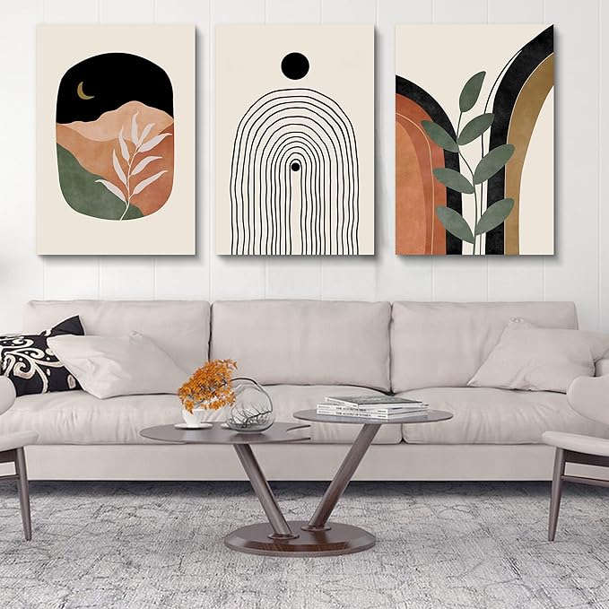 Boho Wall Art Set of 3 - Mid Century Modern Canvas Prints: Sun Moon Leaf Mountain, Neutral Abstract Geometric for Bedroom, Bathroom, Living Room, Office