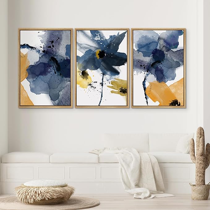 SIGNWIN Framed Canvas Wall Art Blue and Orange Blossoms Botanical Flower Watercolor Modern Art Tropical Relax/Calm for Living Room, Bedroom, Office - 16"x24"x3 Natural