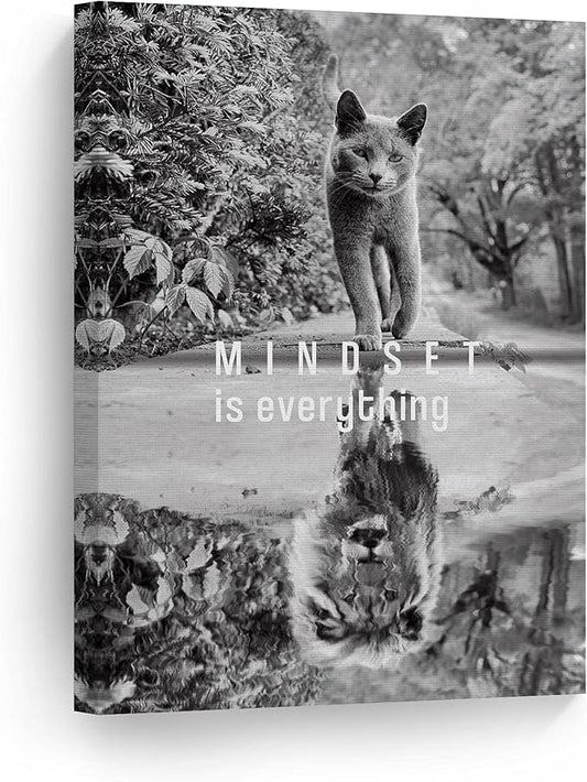 Smile Art Design Mindset is EverytingBlack and White Cat and Lion Reflection Motivational Wall Art Canvas Print Inspirational Entrepreneur Quote Office Living Room Decor Gift Ready to Hang 36x24
