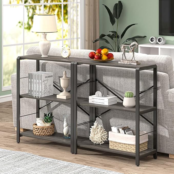 FOLUBAN Industrial Small Bookshelf, 3 Tier Low Short Book Shelf, Metal and Wood Bookcase for Small Spaces, Bedroom Living Room, Dark Gray