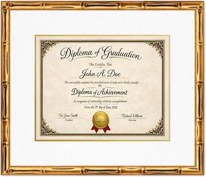 Diploma Frame Gold Bamboo with Oyster Shell Over Gold Double Mat - Fits 14 x 11 College Diploma (Modern) Wall Display Made in the USA