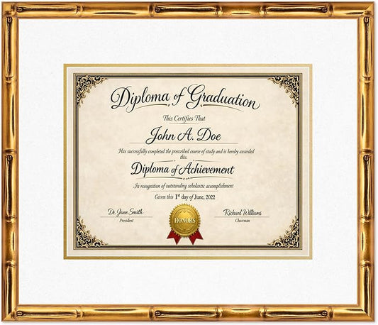 Diploma Frame Gold Bamboo with Oyster Shell Over Gold Double Mat - Fits 14 x 11 College Diploma (Modern) Wall Display Made in the USA