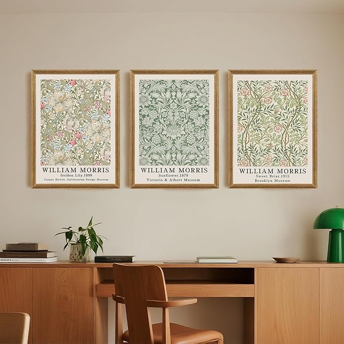 SYWENNOI 3 Pieces William Morris Textured Canvas Wall Art, Pink Beige and Sage Green Neutral Botanical Designs Wall Decor, Vintage Floral Art Prints for Living Room Bedroom Offices 16x24 Wood Frames