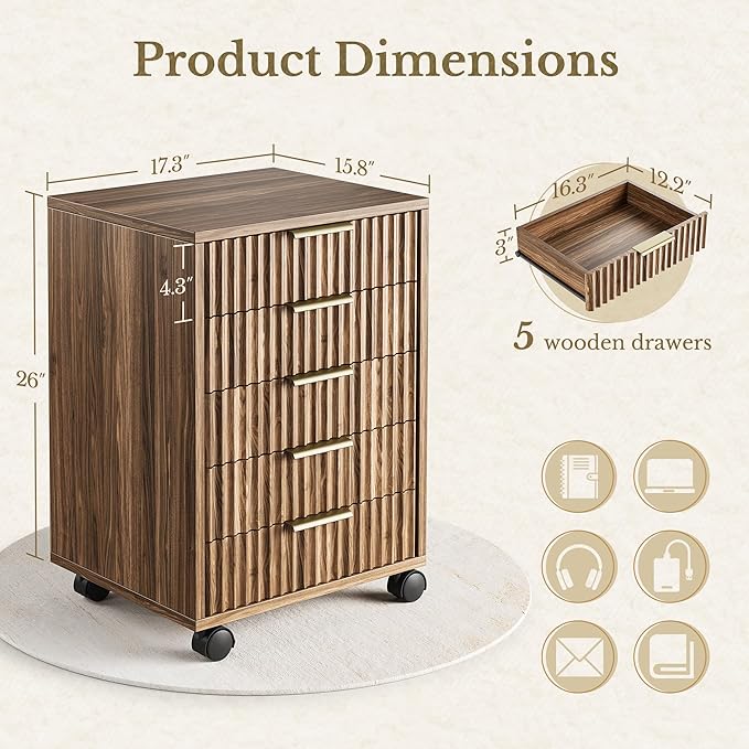Home Office Furniture Set, Fluted Wooden File Cabinet with Locable Wheels, Filing Cabinet with 5 Drawers for Home Office, Black Walnut