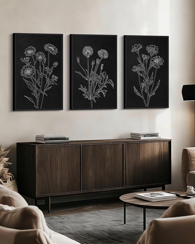 Drsoum Black White Flower Wall Art Vintage Minimalist Floral Wall Hanging Decor Bohemain Botanical Prints Artwork for Bedroom Living Room Hallway 24x36in Black Framed