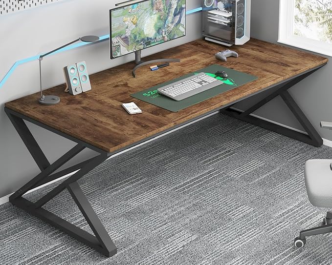 HSH Rustic 70.8" Computer Desk, Extra Large Industrial Home Office Desk, Long Modern Work Executive Pc Desk Study Writing table, Dual monitor Metal Wood Double Workstation for Two Person, Rustic Brown