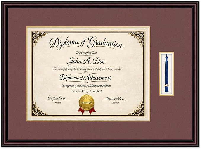 Diploma Frame with Tassel Holder 27.25 x 20 Executive Brown Shadowbox Dark Red Over Gold Mat - Fits 17 x 13 Degree Made in the USA