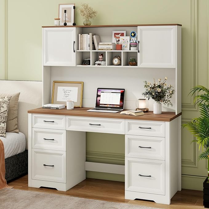 Farmhouse Executive Desk with 7 Drawers and Storage Cabinet, Rustic Large Home Writing Desk with Hutch, Workstation for Bedroom, White