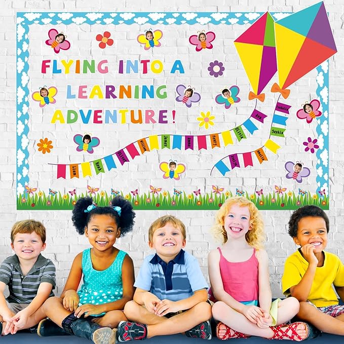 Butterfly Kite Bulletin Board Set DIY Photo Name Tags Back to School Paper Cutouts Colorful Flower Classroom Decorations for Motivational Nursery Wall Decor(Flying Into A Learning Adventure)