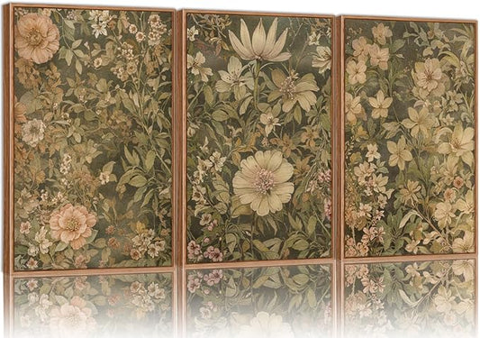 SIGNINART Vintage Floral Framed Canvas Wall Art Set of 3, Mid Century Modern Wildflower Wall Decor, Neutral Botanical Artwork, Retro Plant Art Prints for Bedroom, Living Room, Office 24"x36"