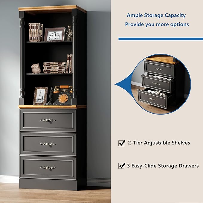 71'' Tall Bookshelf with 3 Drawers, Bookcase Storage Cabinets with 3-Tier Adjustable Shelves, Wooden Deep Book Shelf Kitchen Pantry for Living Room, Office, Bathroom, Black