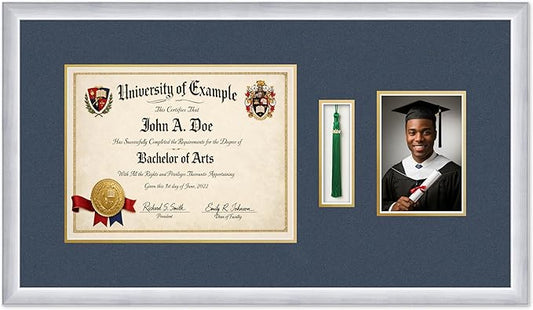 CountryArtHouse Diploma Tassel and Photo Shadowbox Fits 13 x 10 College Diploma (Traditional) with Stainless Silver Genuine Hardwood with Navy Blue Over Metallic Gold Double mat
