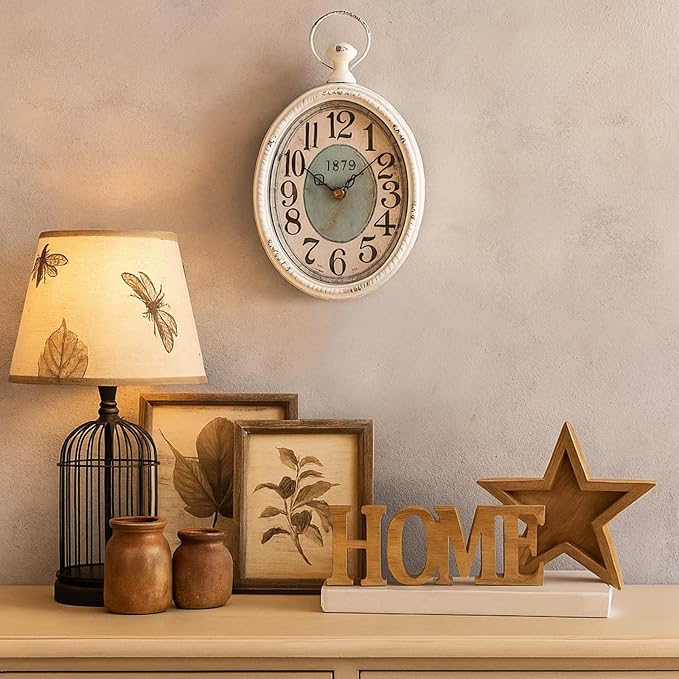 ZENFUN Oval Retro Wall Clock, Rustic Silent Clocks, Elegant Vintage Style, White Antique Design, Battery Operated Non Ticking Wall Clock for Kitchen,Farmhouse, Office(11.2" H x 6.7" W)
