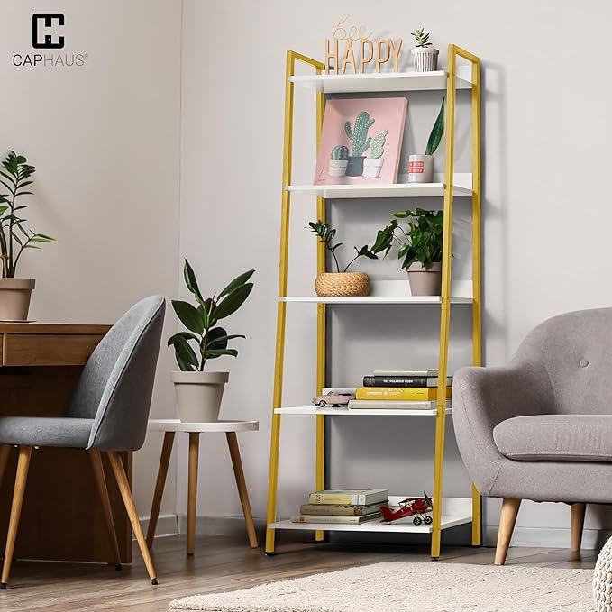 CAPHAUS 5 Tier Ladder Bookshelf, 24 Inch Width Free Standing Shelf, Bookcase Shelf Storage Rack Organizer, Industrial Book Shelves for Home Office, Living Room, Kitchen, White Shelves & Gold Frame