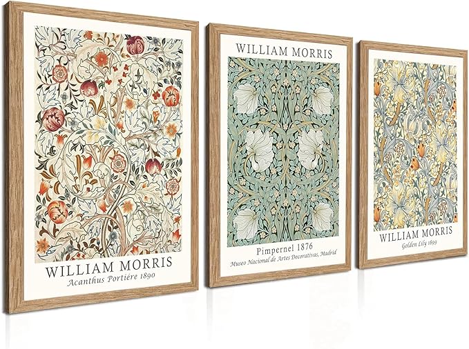 Induslyfe Framed Flower Wall Art Canvas Decor Set of 3, William Morris, Matisse Wall Art Framed Prints Poster Mid Century Modern Art, Gogh Floral Botanical wall art living room bathroom bedroom 12x16