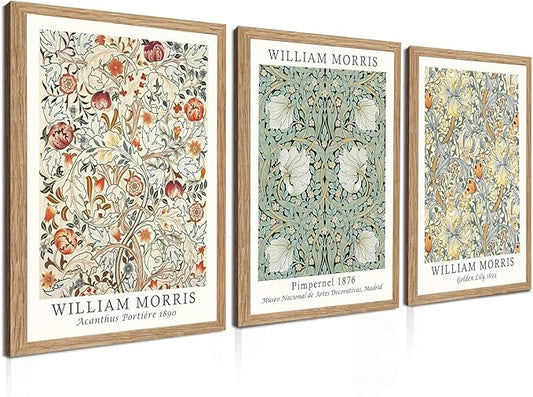 Induslyfe Framed Flower Wall Art Canvas Decor Set of 3, William Morris, Matisse Wall Art Framed Prints Poster Mid Century Modern Art, Gogh Floral Botanical wall art living room bathroom bedroom 12x16