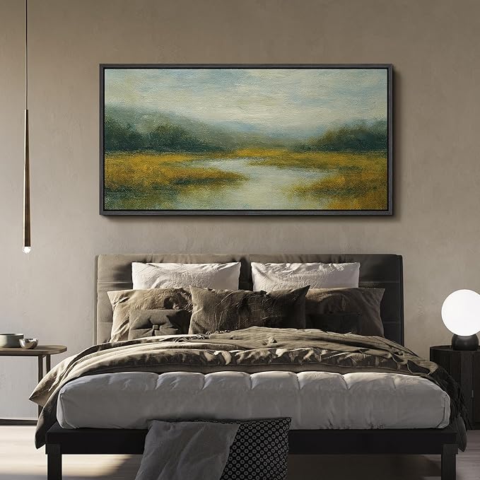 SIGNFORD Extra Large Framed Canvas Misty Meadow River Landscape Illustrations Modern Art Calm Warm for Living Room, Bedroom, Office - 60"x30"