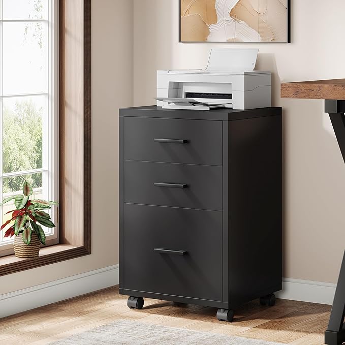 Triebsigns 3 Drawer File Cabinet, Vertical Mobile Filing Cabinet, Under Desk Rolling Printer Stand for Home Office, fits A4 or Letter Size (Black)