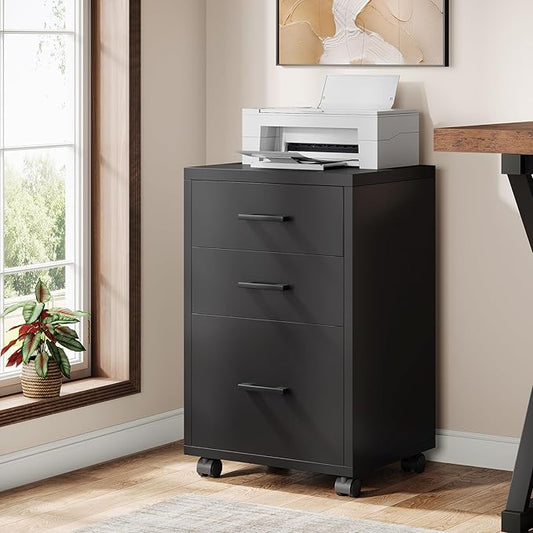 Triebsigns 3 Drawer File Cabinet, Vertical Mobile Filing Cabinet, Under Desk Rolling Printer Stand for Home Office, fits A4 or Letter Size (Black)