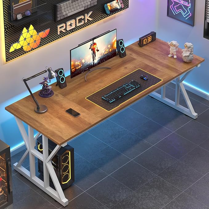 TVU Computer Desk, 63 inch Large Office Desk, Study Writing Table with Thicken Frame, Gaming Desk, Modern Simple Desk for Home Office, Brown