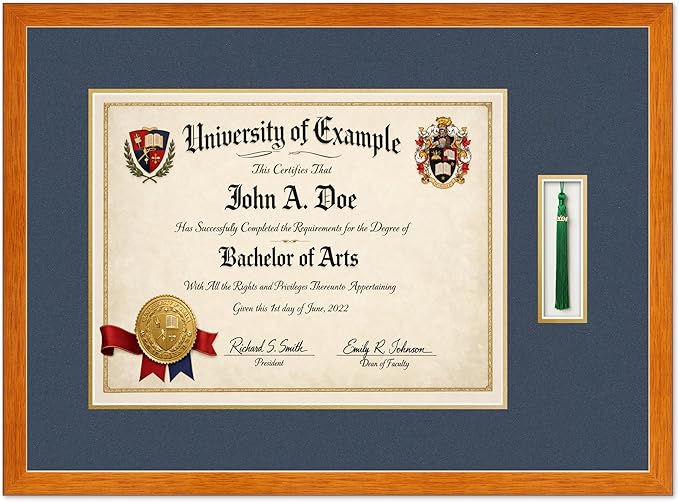Diploma and Tassel Frame Fits 17 x 13 International Diploma with Tassel Hook Honey Oak Genuine Hardwood Shadowbox with Navy Blue Over Metallic Gold Double mat