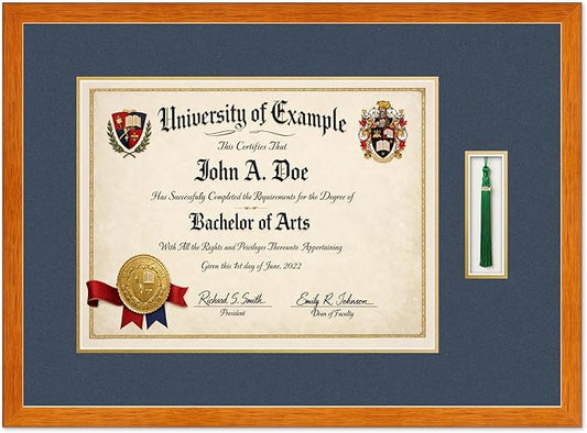 Diploma and Tassel Frame Fits 17 x 13 International Diploma with Tassel Hook Honey Oak Genuine Hardwood Shadowbox with Navy Blue Over Metallic Gold Double mat