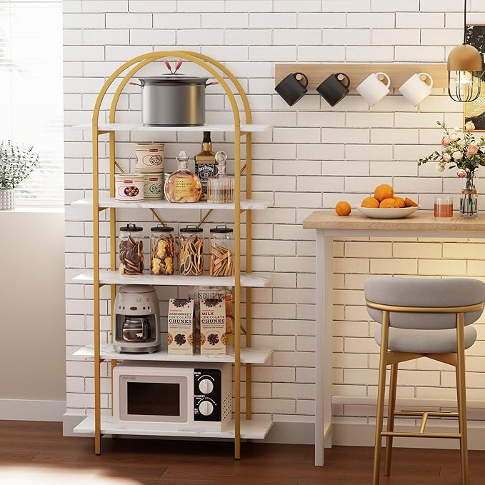 Arched Bookshelf 5 Tier Book Shelf, 31.5 Inch Width Industrial Arch Bookcase, Curved Tall Bookshelf with Open Shelves for Home Office, Living Room, Bedroom, Gold