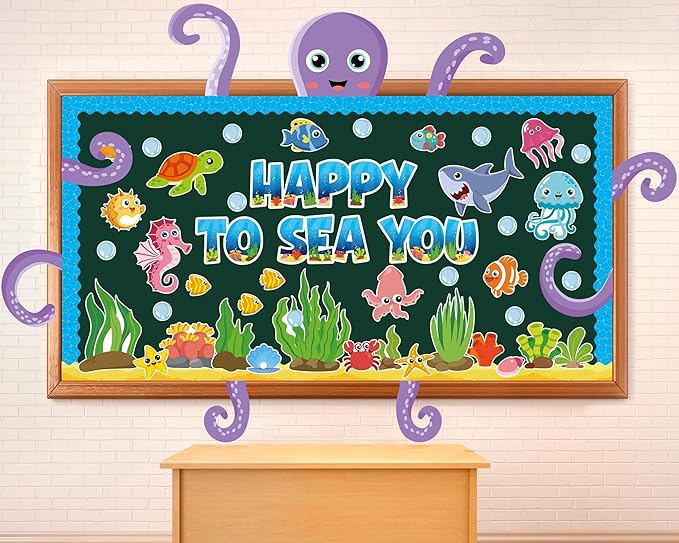 Ocean Bulletin Board Set Under the Sea Summer Classroom Bulletin Board Decoration Octopus Fish Animals Cutouts Ocean Wave Border Happy to Sea You Cutout for Education Craft Back to School Supply Decor