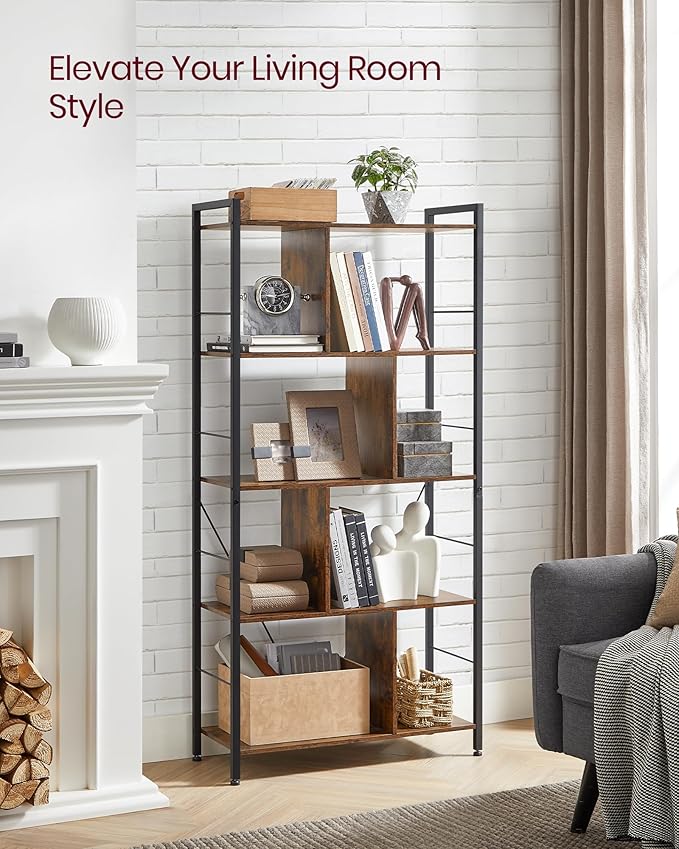 VASAGLE Bookshelf, 5-Tier Bookcase, Storage Shelving Unit, Display Shelf with Open Compartments for Living Room, Home Office, Bedroom, Industrial, Rustic Brown and Black ULBC121B01