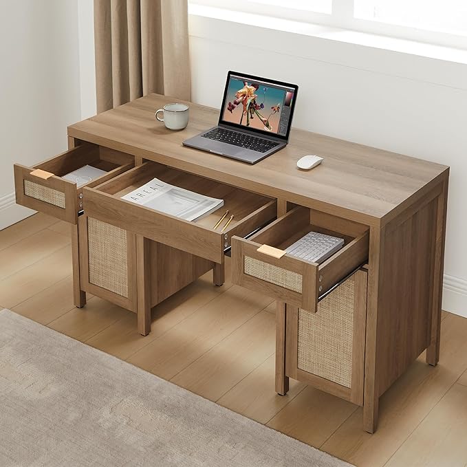 SICOTAS Home Office Desk with Storage - Rattan Executive Desk with Drawers and Cabinets, Farmhouse Boho Larger Computer Writing Table for Study, Office, Living Room, Oak (2 Pieces)