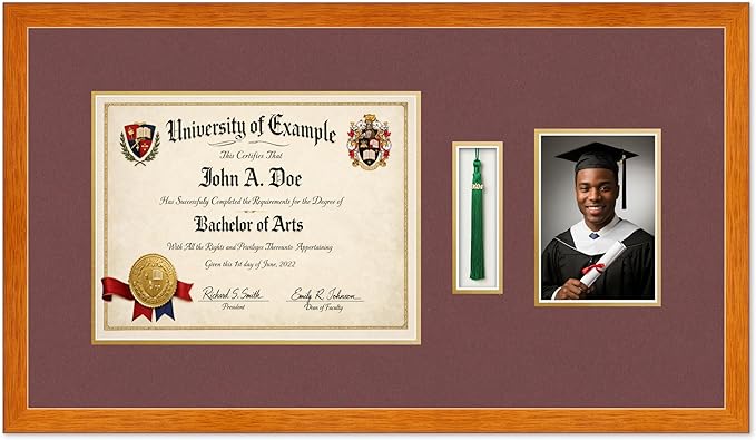 Diploma Tassel and Photo Shadowbox Fits 13 x 10 College Diploma (Traditional) with Tassel Honey Oak Genuine Hardwood with Dark Red Over Metallic Gold Double mat