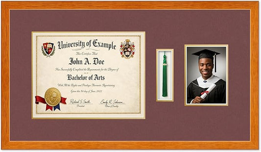 Diploma Tassel and Photo Shadowbox Fits 13 x 10 College Diploma (Traditional) with Tassel Honey Oak Genuine Hardwood with Dark Red Over Metallic Gold Double mat