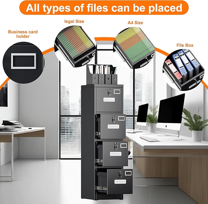 Metal Vertical File Cabinet with Lock,File Storage Cabinet with 4 Drawer for Letter,Legal,F4,A4,14.96" W x 17.72" D x 55.2" H, Assembly Required,Black
