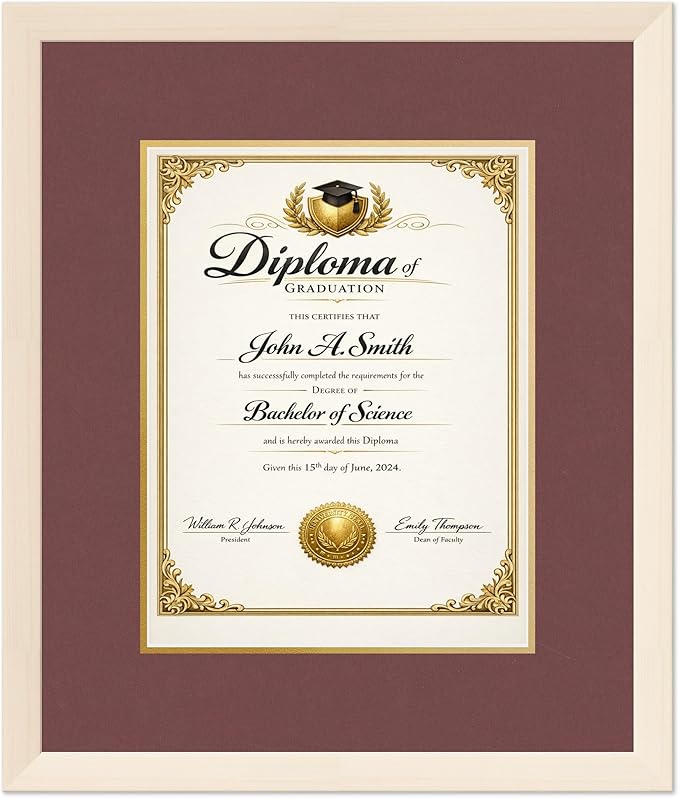 CountryArtHouse Diploma Frame Fits 10 x 13 College Diploma (Portrait Traditional) - Keepsake Graduat Coastal Whitewash Genuine Hardwood with Dark Red Over Metallic Gold Double mat