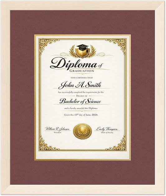 CountryArtHouse Diploma Frame Fits 10 x 13 College Diploma (Portrait Traditional) - Keepsake Graduat Coastal Whitewash Genuine Hardwood with Dark Red Over Metallic Gold Double mat