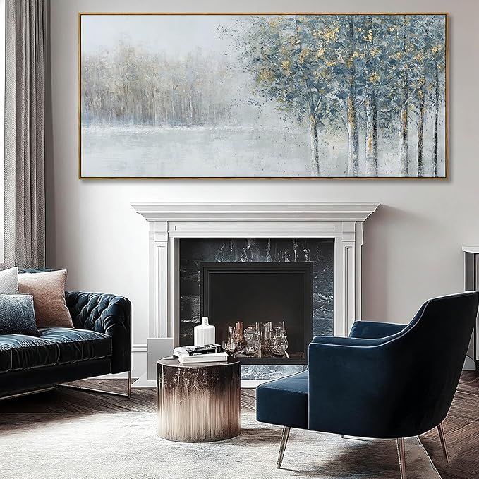 ZENPEE Blue Abstract Wall Art and Grey Tree Textured Forest Scene, 32x71 Oversized Canvas Wall Decor for Living Room Bedroom Entryway