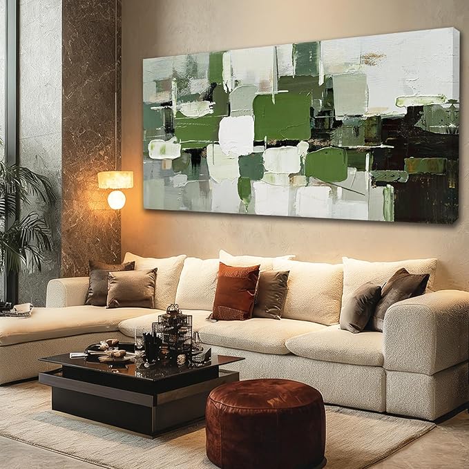 ZUNARE Contemporary Abstract Canvas Wall Art Geometric Block Print in Green White Black and Gray, Minimal Modern Artwork for Living Room Bedroom Office Kitchen 29"x58"
