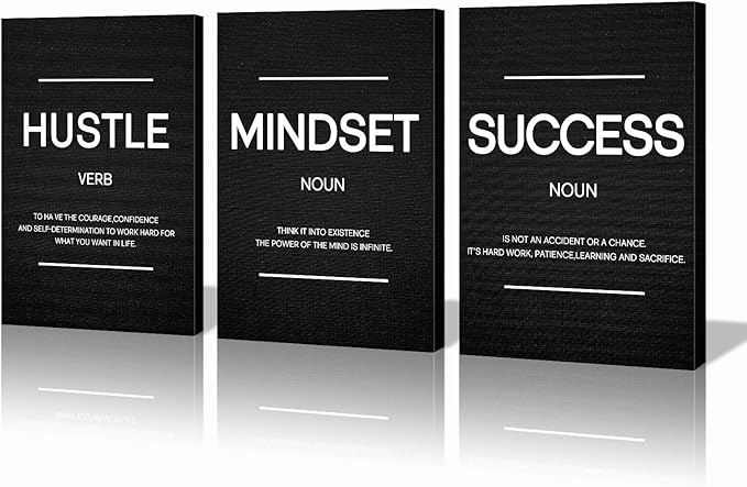 Hustle Wall Art Motivational Wall Decor Inspirational Mindset Quotes Pictures Posters 3 Pieces Framed Canvas Wall Art Prints Success Goal Artwork Home Office Wall Decor Ready to Hang