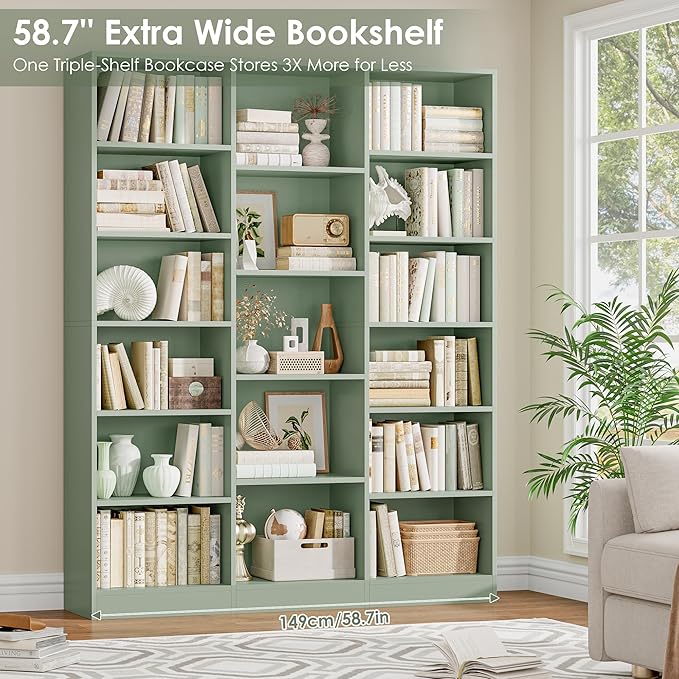 FACBOTALL Triple Wide Bookshelf, 6 Tier Large Bookshelf, Bookcase with 17 Open Display Shelves, 74'' Tall Bookcases and Bookshelves for Living Room, Home Office, Library, Green