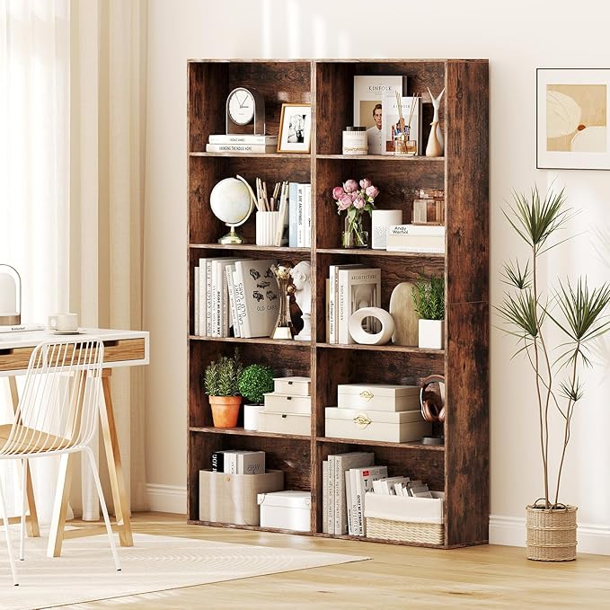 Giantex 5-Tier Bookshelf Set of 2, Freestanding Bookcase with 5 Open Shelf, Modern Display Shelf, Storage Organizer for Living Room Bedroom Home Office, Rustic Brown