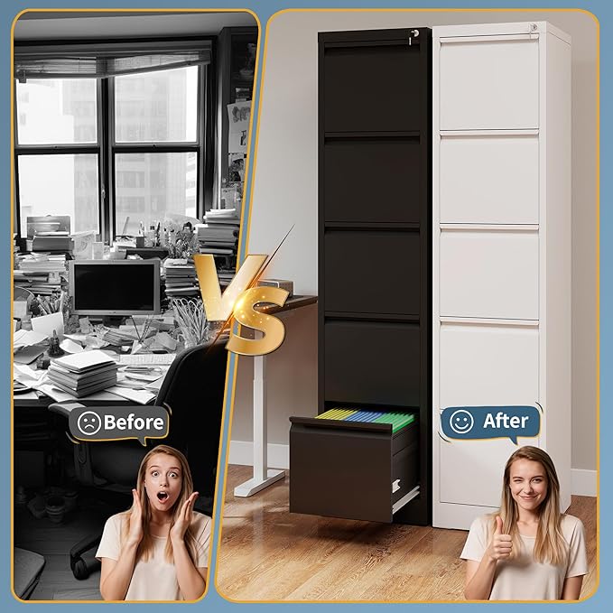 5 Drawer File Cabinet with Lock, Vertical Filing Cabinets for Home Office, Metal Storage Cabinets, Heavy Duty File Cabinet for Letter/Legal/A4/F4 Size Amsseble Required, Black