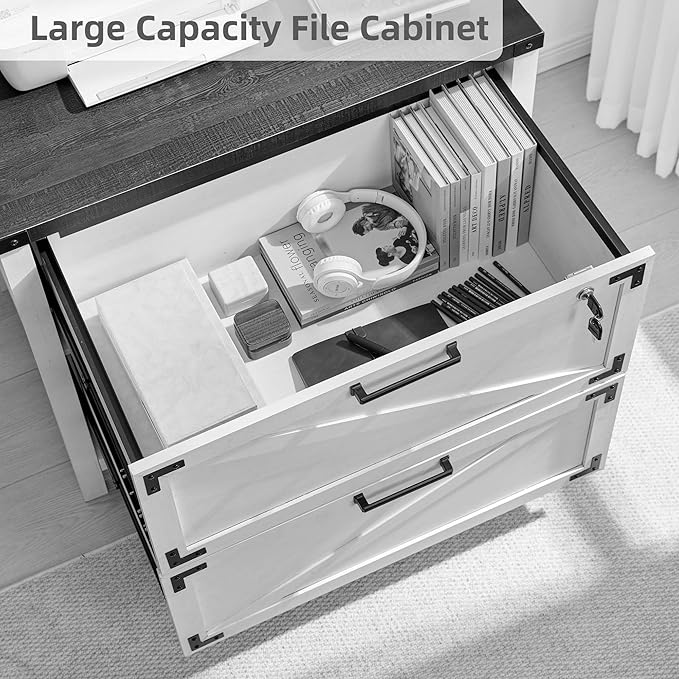 JXQTLINGMU 2-Drawer Lateral File Cabinet with Lock,Engineered Wood Storage Cabinet Organizer with Durable Slide Rails,Home Office Cabinets for Office, Bathroom, Home, Laundry Room,Deep White