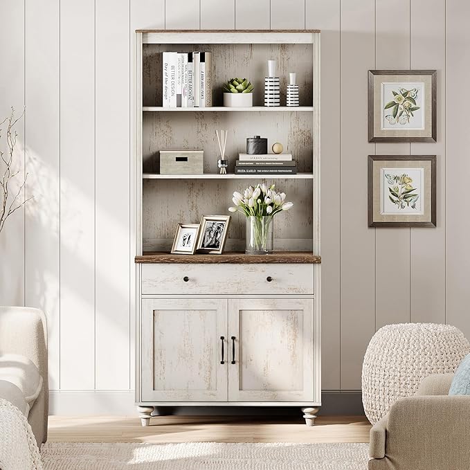 WAMPAT 5 Tier Bookshelf 72" Tall Bookcase with Doors & Drawer,Large Farmhouse Display Book Shelf with Storage Cabinet，Library Wood Bookshelves for Living Room,Kitchen, Rustic White