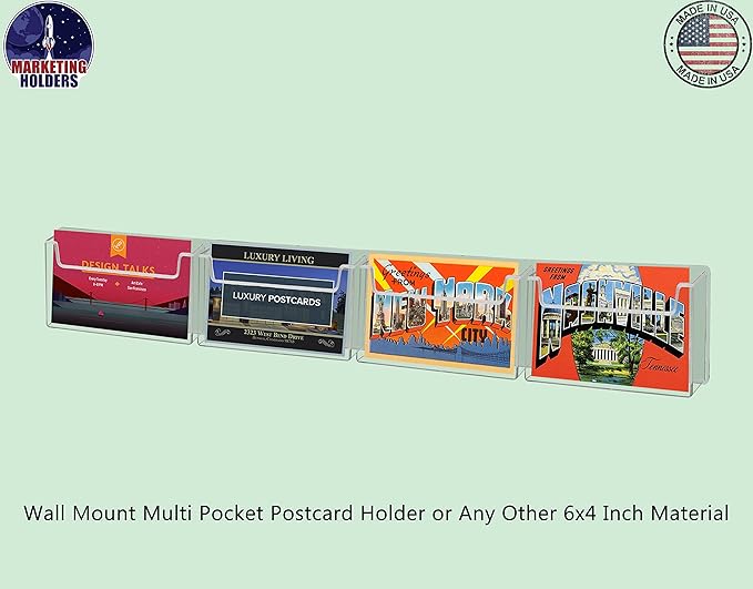 Marketing Holders Postcard Holder 4 Pocket Clear Acrylic Wall Rack with Hanging Hardware Holds 6" x 4" Printed Material Recipe Index Cards Mail Bin Recipe Notepads Messages Distribution