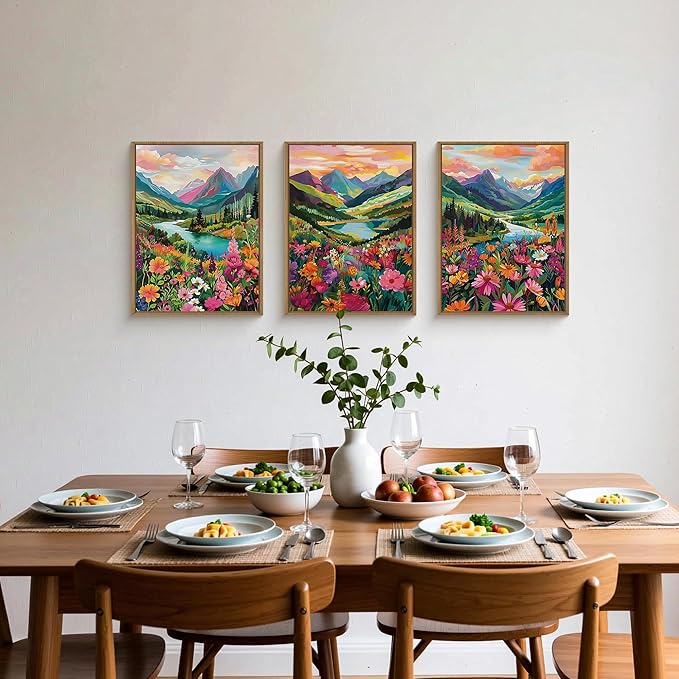 Boho Wildflower Framed Canvas Wall Art,Abstract Mountain Landscape Wall Decor,Colorful Flowers Blossom Painting,Nature Botanical Artwork for Living Room,Bedroom,Office,Farmhouse - 12"x16"x3