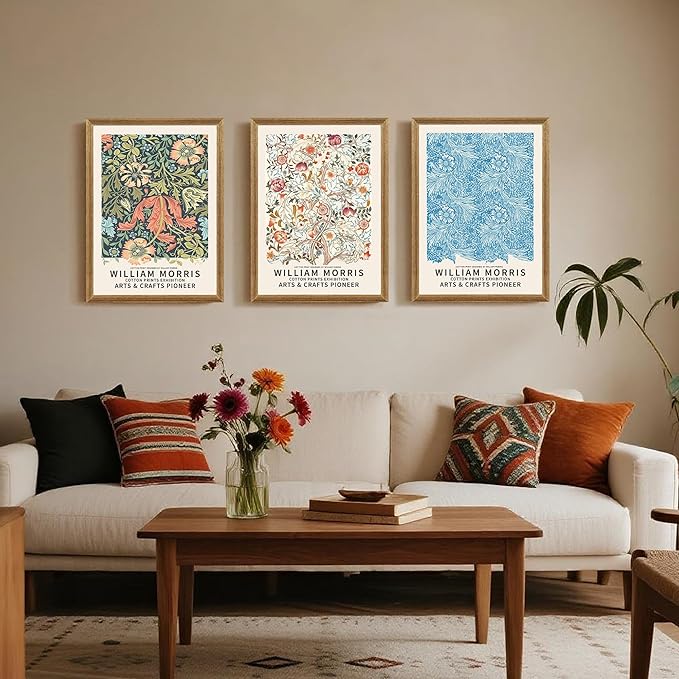 SYWENNOI 3 Pieces William Morris Textured Canvas Wall Art, Green Blue and Beige Botanical Designs Wall Decor, Vintage Floral Art Prints for Living Room Bedroom Home Decoration 12x16 Inch Wood Frames